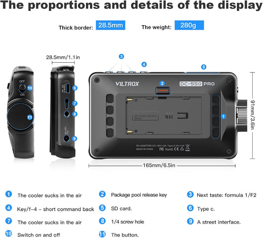 Viltrox DC-550 Pro. LED screen 5.5-inch 1200cd/m2 2 histograms 3 parade waveforms