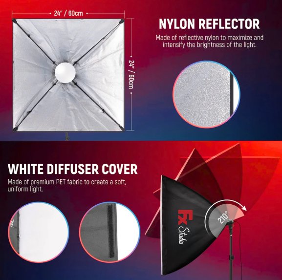 FX Studio 50×70cm RGB Softbox Lighting Kit with Remote – Professional LED Dimmable Light Set