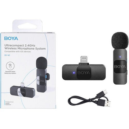 BOYA BY-V1 (SOLO) Ultracompact Wireless Microphone System with Lightning Connector for iOS Devices (2.4 GHz – Black)