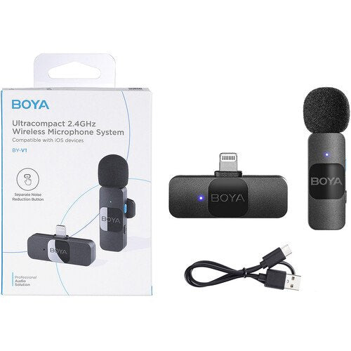 BOYA BY-V1 (SOLO) Ultracompact Wireless Microphone System with Lightning Connector for iOS Devices (2.4 GHz – Black)