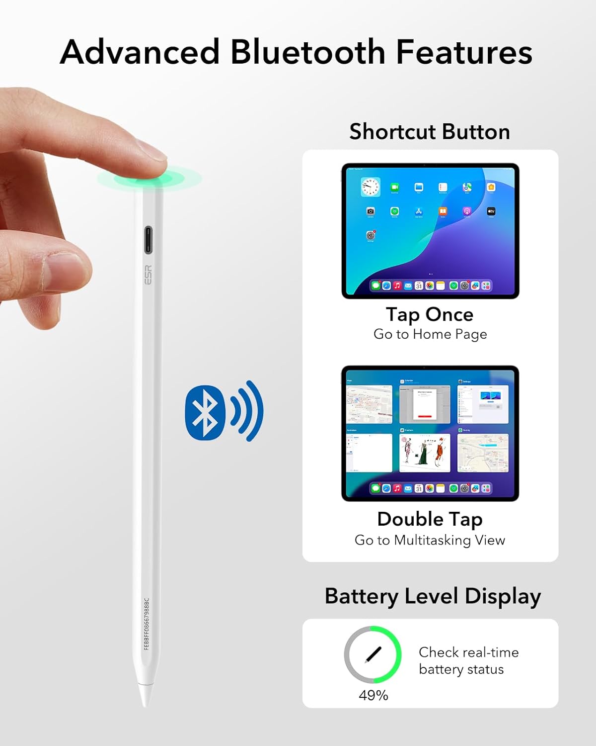 ESR Geo Digital iPad Pencil Findmy Compatible with Apple iPad 2018-2026,with Easy Shortcuts for Apple iPad A16/10/9/8 & Air 13/11 & Pro 12.9/13/11 & Mini 7/6/5,White(No Wireless Charging)
