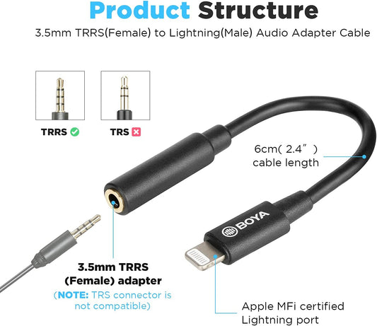 BOYA 3.5mm TRRS (Female) to Lightning (Male) Audio Adapter - K3