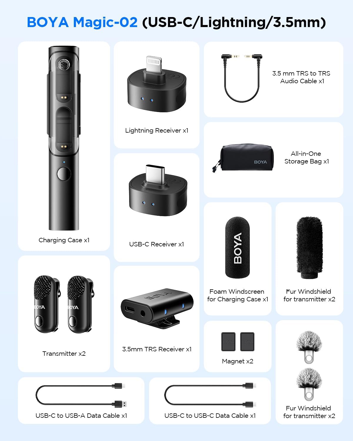 BOYA Magic-2 Mic kit 24 Bit (1to2) type C/ios/3.5mm + Charging Case