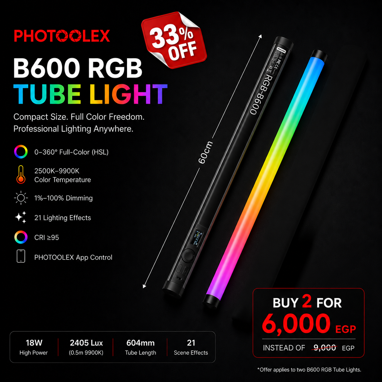 PHOTOOLEX 2- Light Kit B600S RGB Tube Light