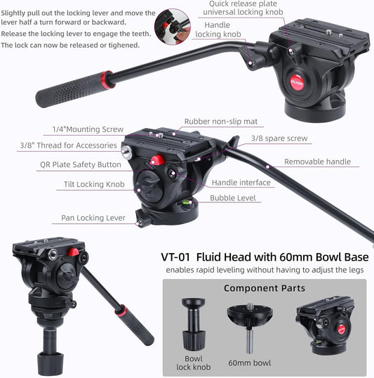 Viltrox VX-18M Professional Heavy Duty Video Camcorder Tripod with Fluid Drag Head and Quick Release Plate