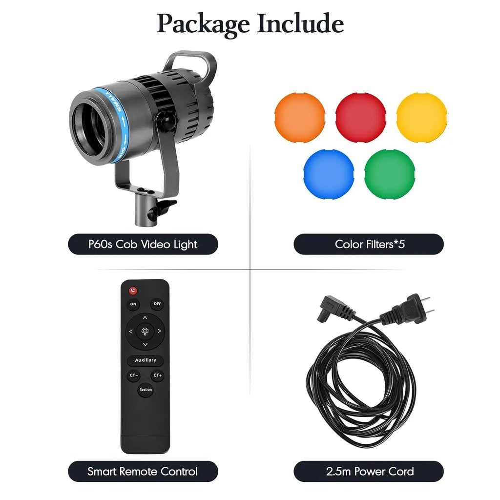 ZSYB P60S Lightweight Professional LED Video Spotlight – Remote Control, 5-Color Dimmable Lighting (2800K–7000K)